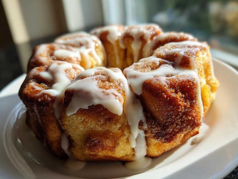 Close-up of a freshly baked Cinnamon Roll Pull-Apart Bread drizzled generously with white icing.