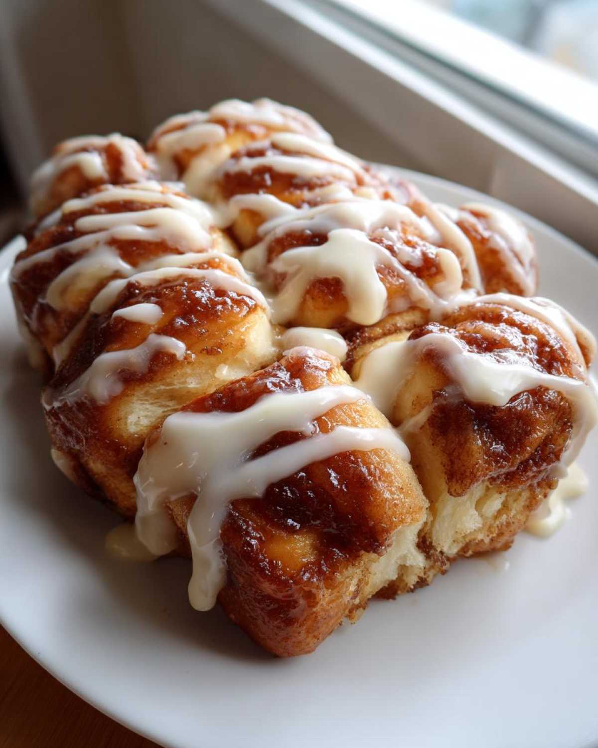 A plate of freshly baked Cinnamon Roll Pull-Apart Bread drizzled generously with white cream cheese icing.