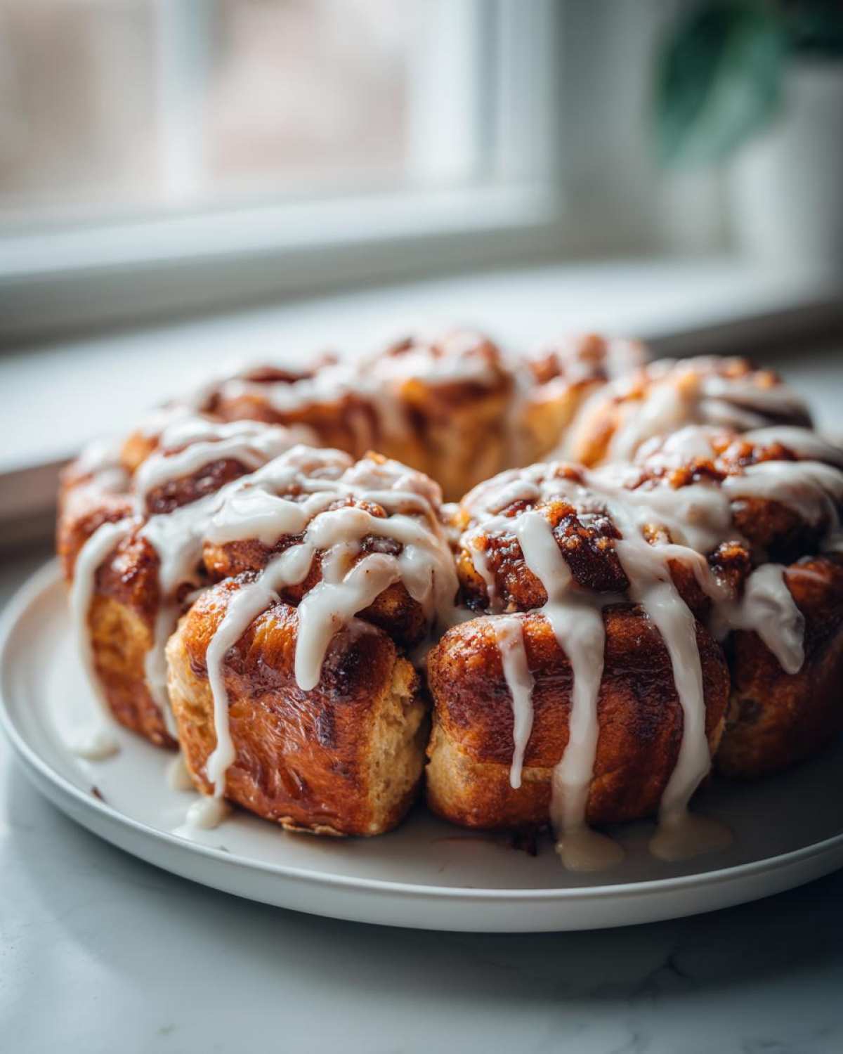 Close-up of warm Cinnamon Roll Pull-Apart Bread drizzled generously with white icing on a white plate.