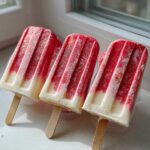 Three layered Coconut Strawberry Popsicles with Lime Zest, showing a white coconut base and a vibrant red strawberry top layer.