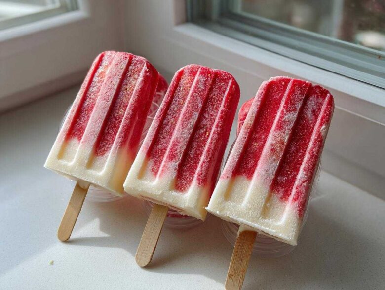 Three layered Coconut Strawberry Popsicles with Lime Zest, showing a white coconut base and a vibrant red strawberry top layer.