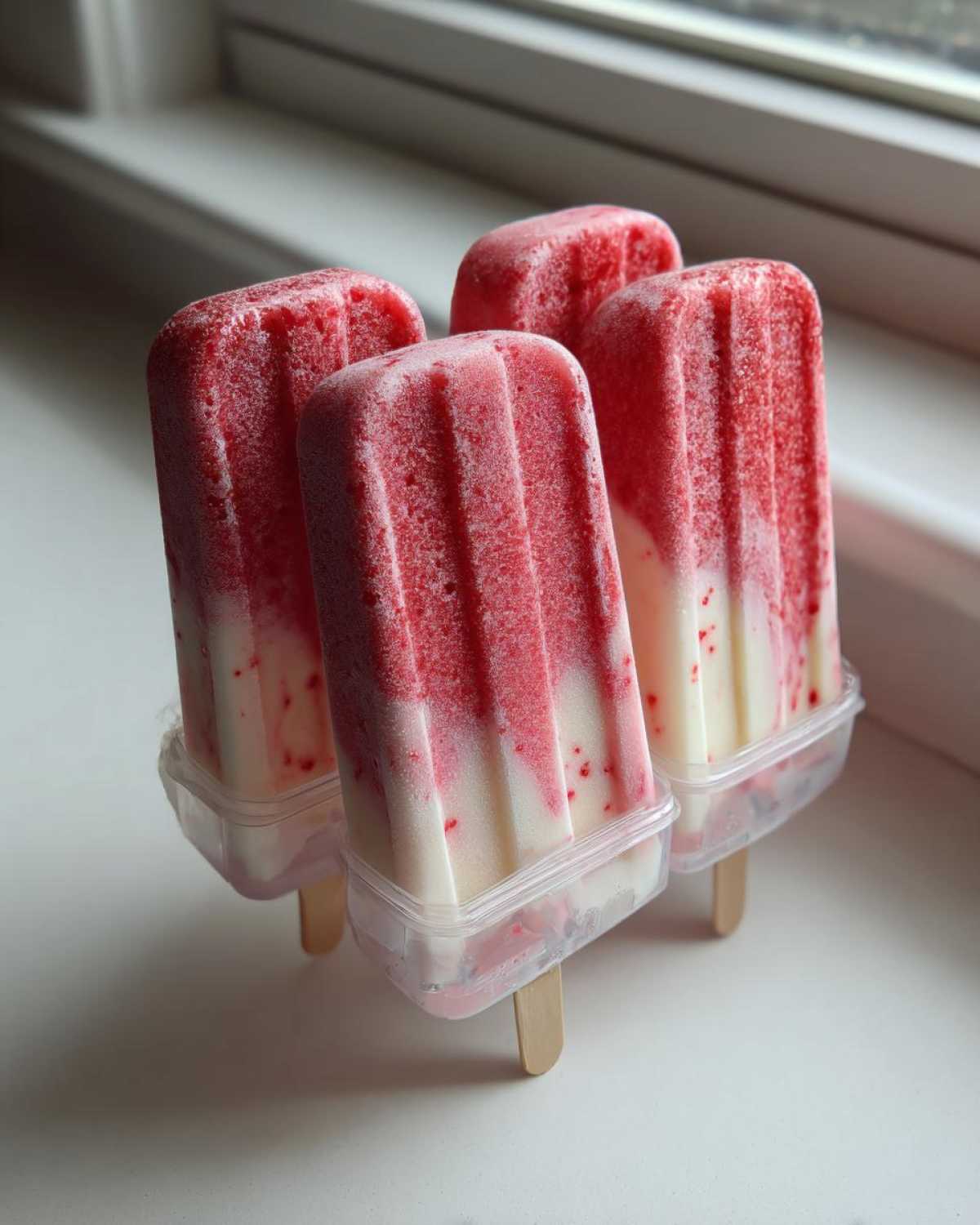 Four frozen Coconut Strawberry Popsicles with Lime Zest showing a white coconut layer and a red strawberry layer.