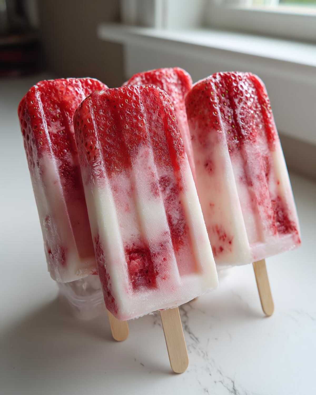 Four layered Coconut Strawberry Popsicles with Lime Zest showing vibrant red strawberries and white coconut cream.