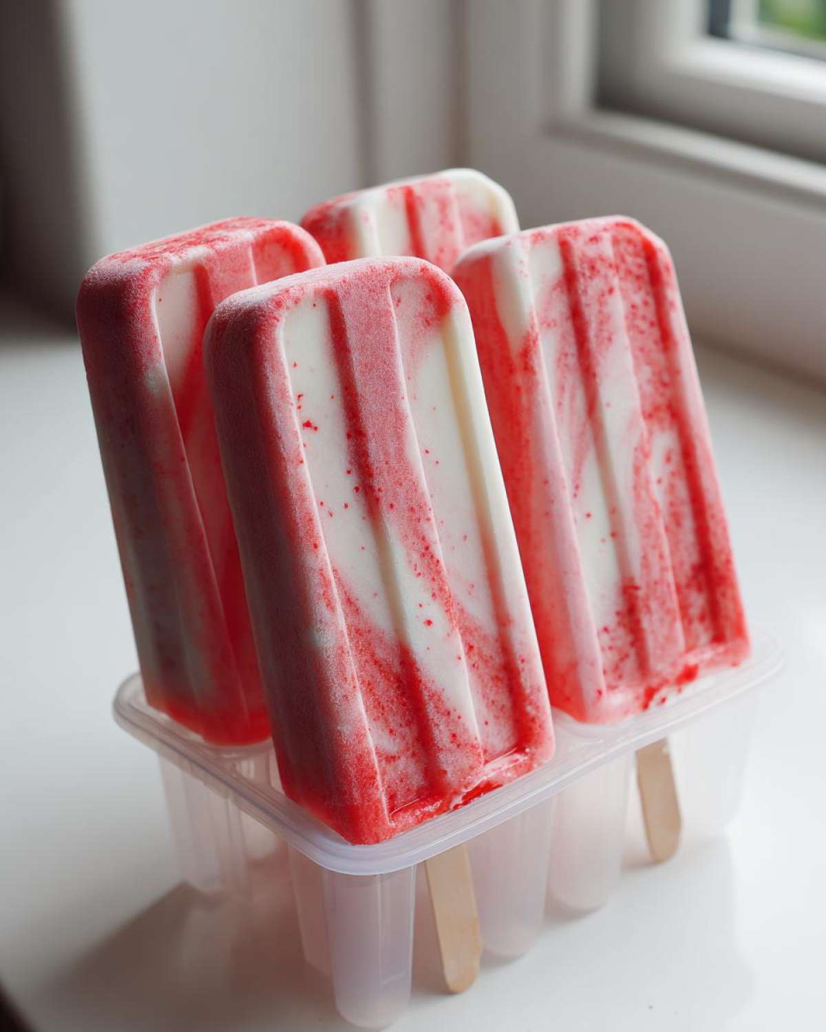 Four freshly made Coconut Strawberry Popsicles with Lime Zest showing red and white swirls, resting in their plastic mold.