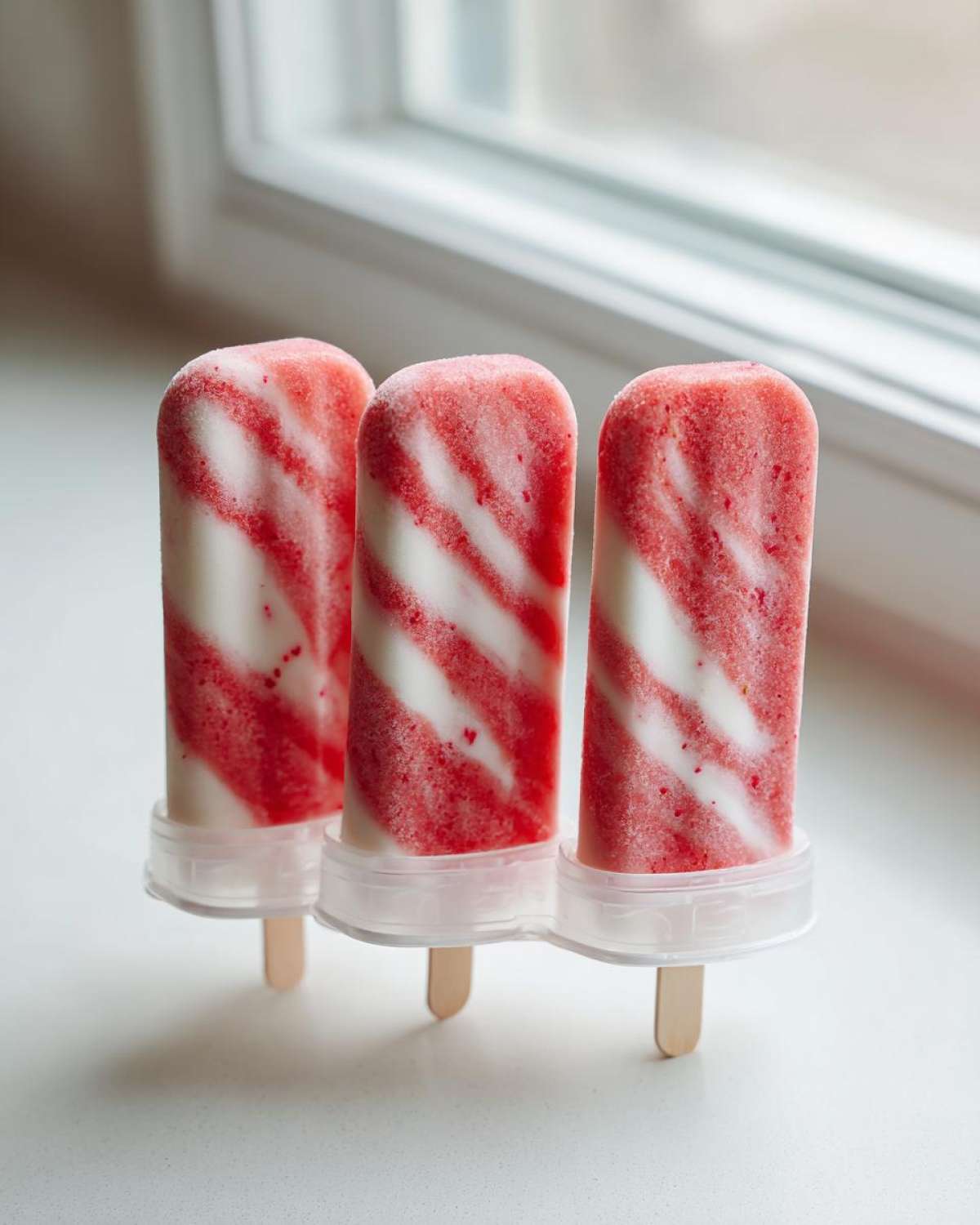 Three homemade Coconut Strawberry Popsicles with Lime Zest showing red and white swirls, resting in their mold base near a window.