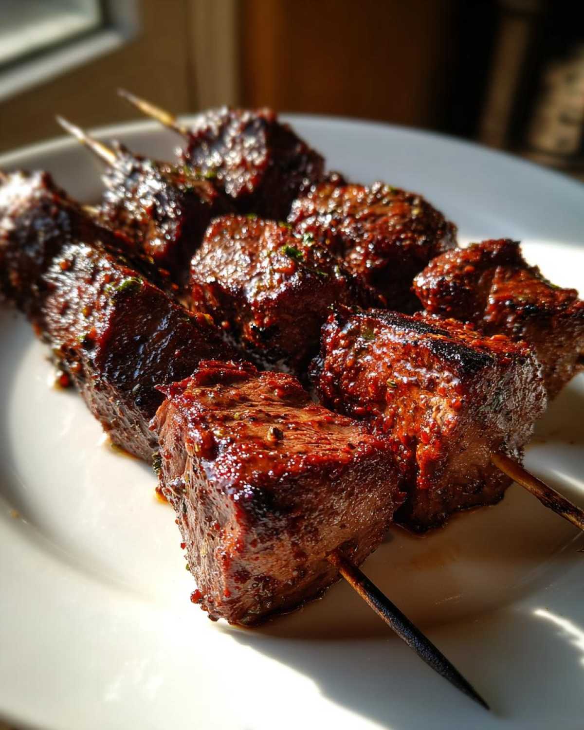 Close-up of juicy, dark-glazed Coffee Rub Flank Steak Skewers resting on a white plate, catching bright sunlight.