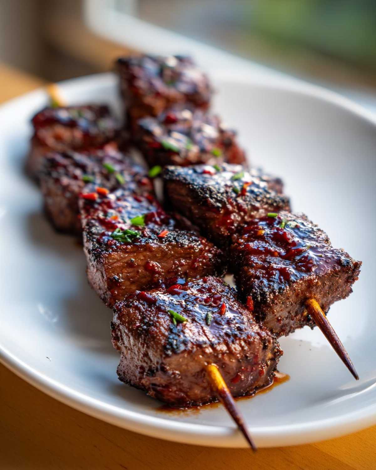 Close-up of grilled Coffee Rub Flank Steak Skewers, glistening with a dark glaze and topped with chili flakes and chives.