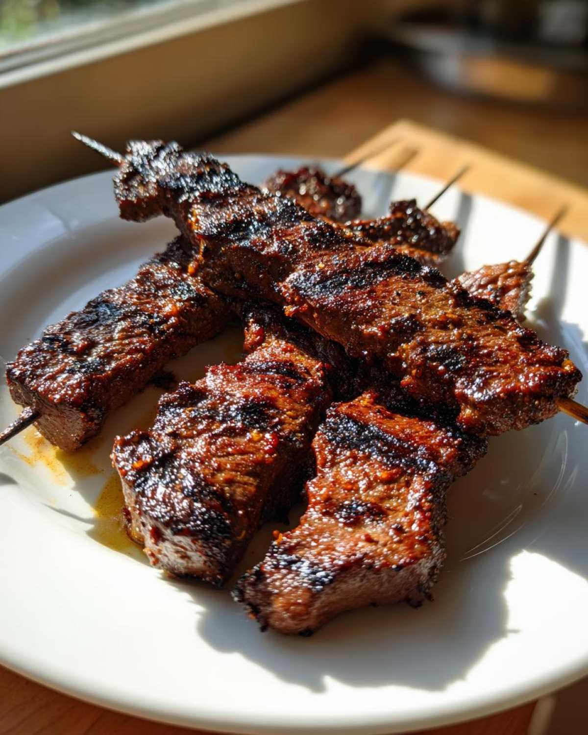 Close-up of grilled Coffee Rub Flank Steak Skewers resting on a white plate, showing char marks and a rich, dark glaze.