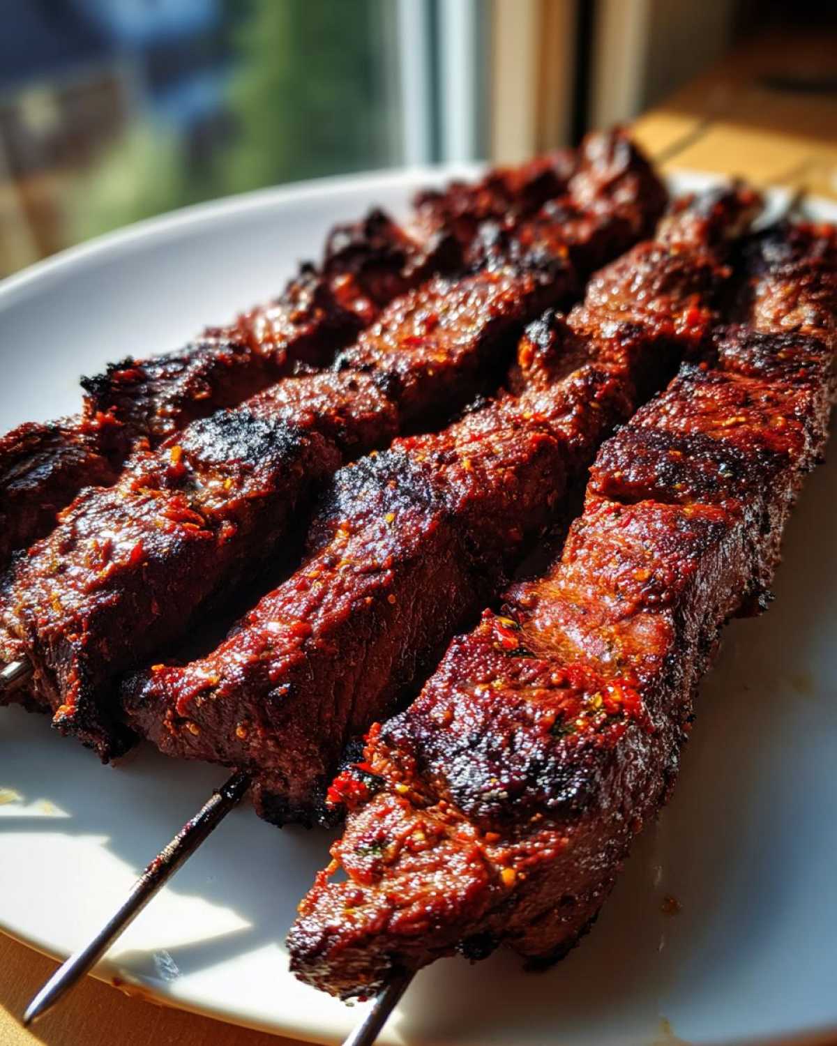 Close-up of four perfectly grilled Coffee Rub Flank Steak Skewers resting on a white plate, showing a rich, dark red spice crust.