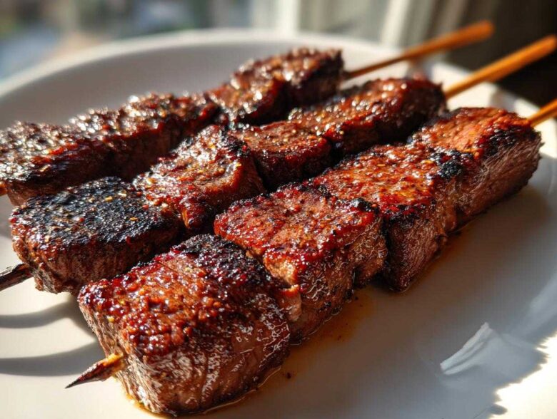 Close-up of perfectly grilled Coffee Rub Flank Steak Skewers resting on a white plate, showing a rich, dark crust.