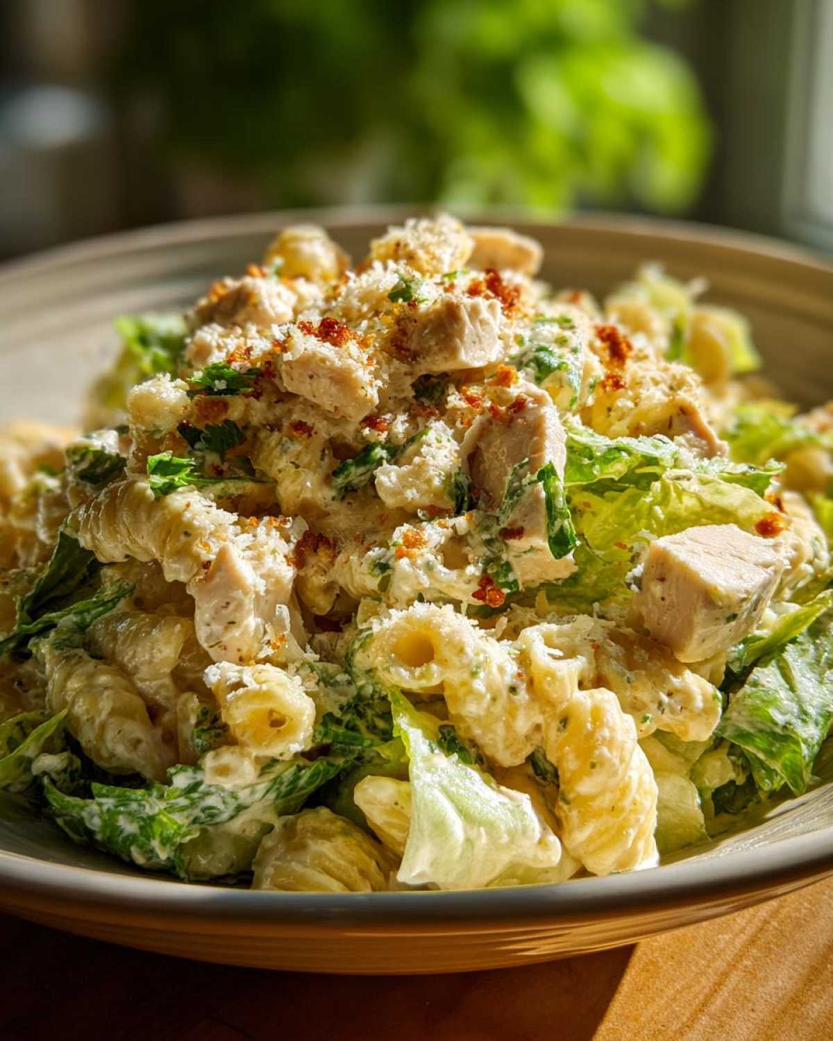 A close-up of a bowl filled with Cold Chicken Caesar Pasta Salad, featuring pasta chunks, chicken pieces, romaine lettuce, and creamy dressing.