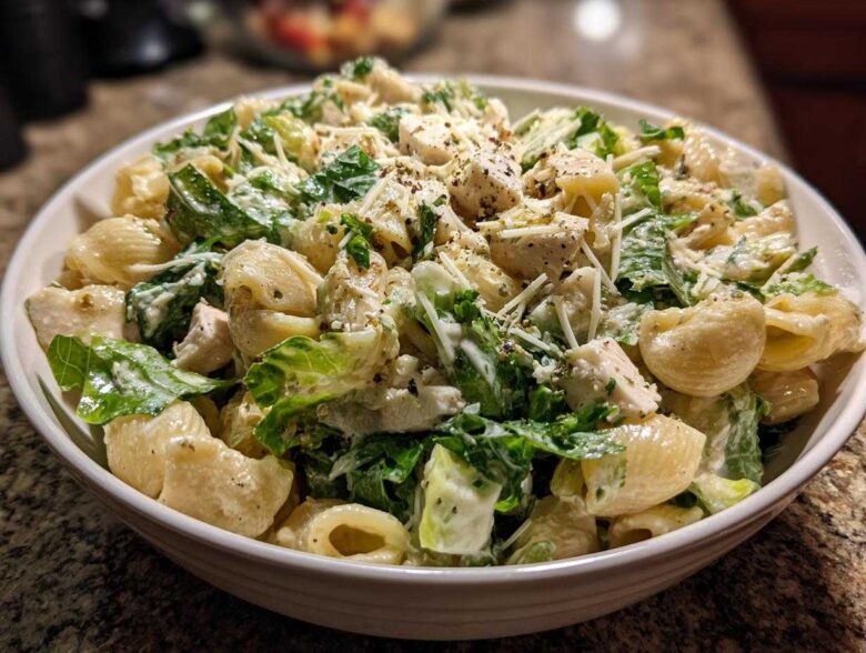 A close-up of a white bowl filled with Cold Chicken Caesar Pasta Salad featuring shell pasta, chicken chunks, romaine lettuce, and creamy dressing.