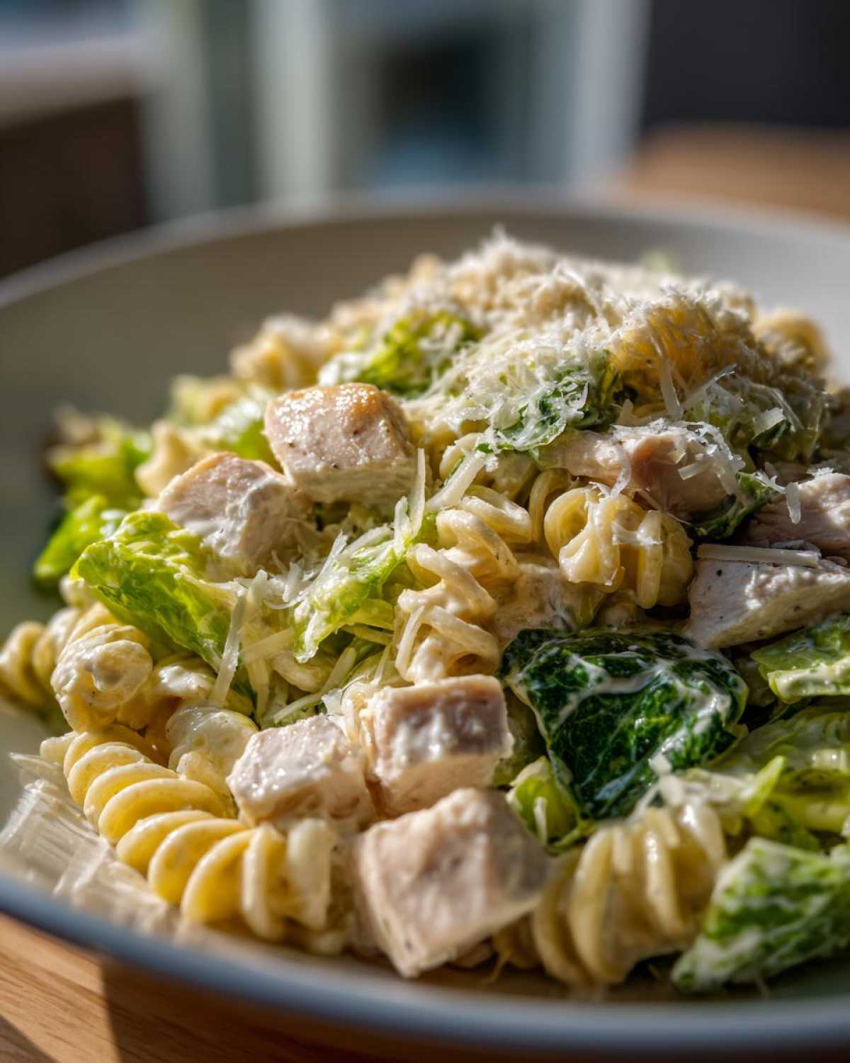 Close-up of a bowl filled with Cold Chicken Caesar Pasta Salad, featuring rotini pasta, diced chicken, romaine lettuce, and grated Parmesan cheese.
