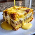 A close-up of a square serving of Crab Cake Eggs Benedict Bake being generously drizzled with bright yellow hollandaise sauce.