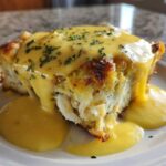 A close-up of a serving of Crab Cake Eggs Benedict Bake, smothered in rich yellow hollandaise sauce and sprinkled with parsley.