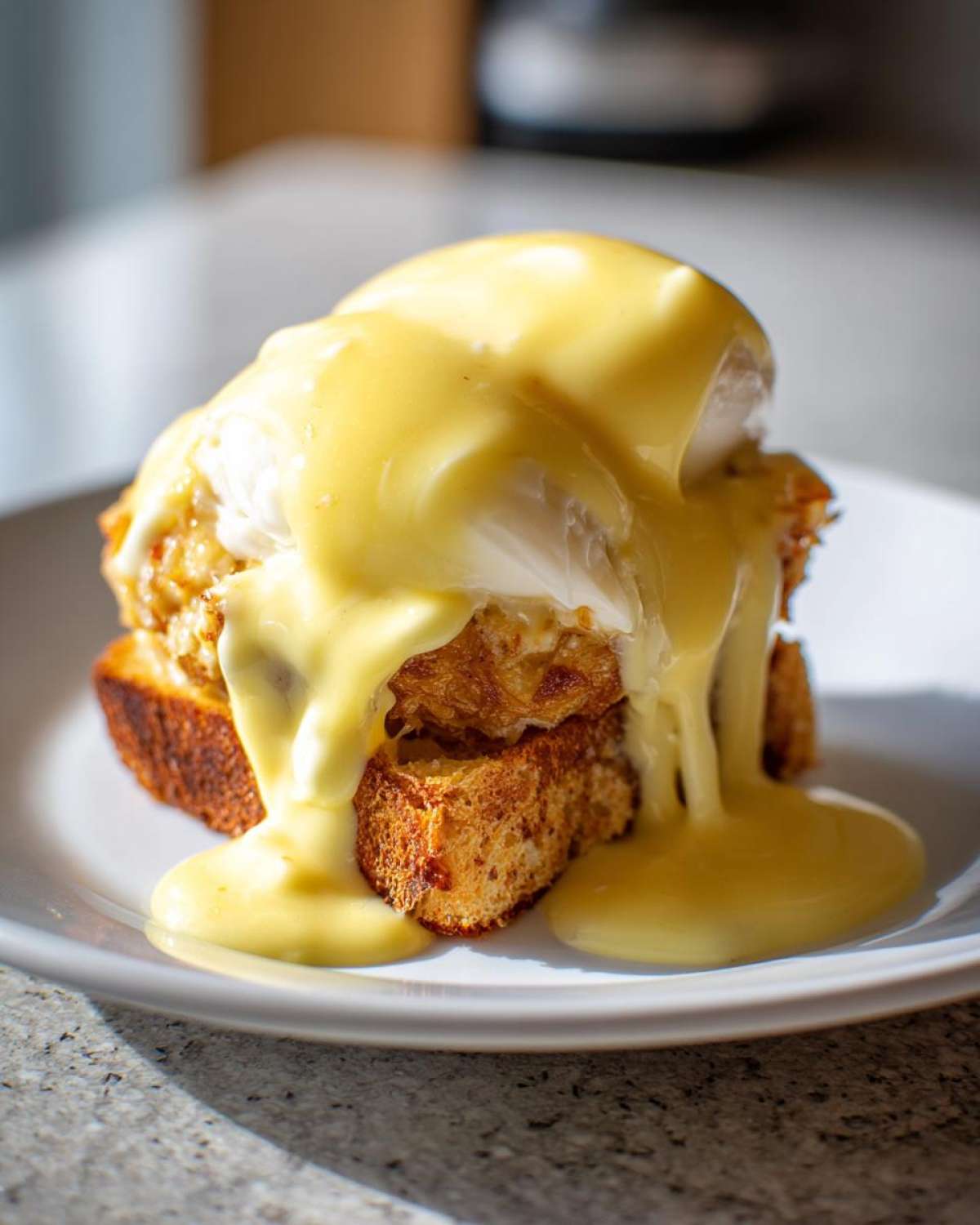 Close-up of a portion of Crab Cake Eggs Benedict Bake topped with a poached egg and dripping with yellow hollandaise sauce.