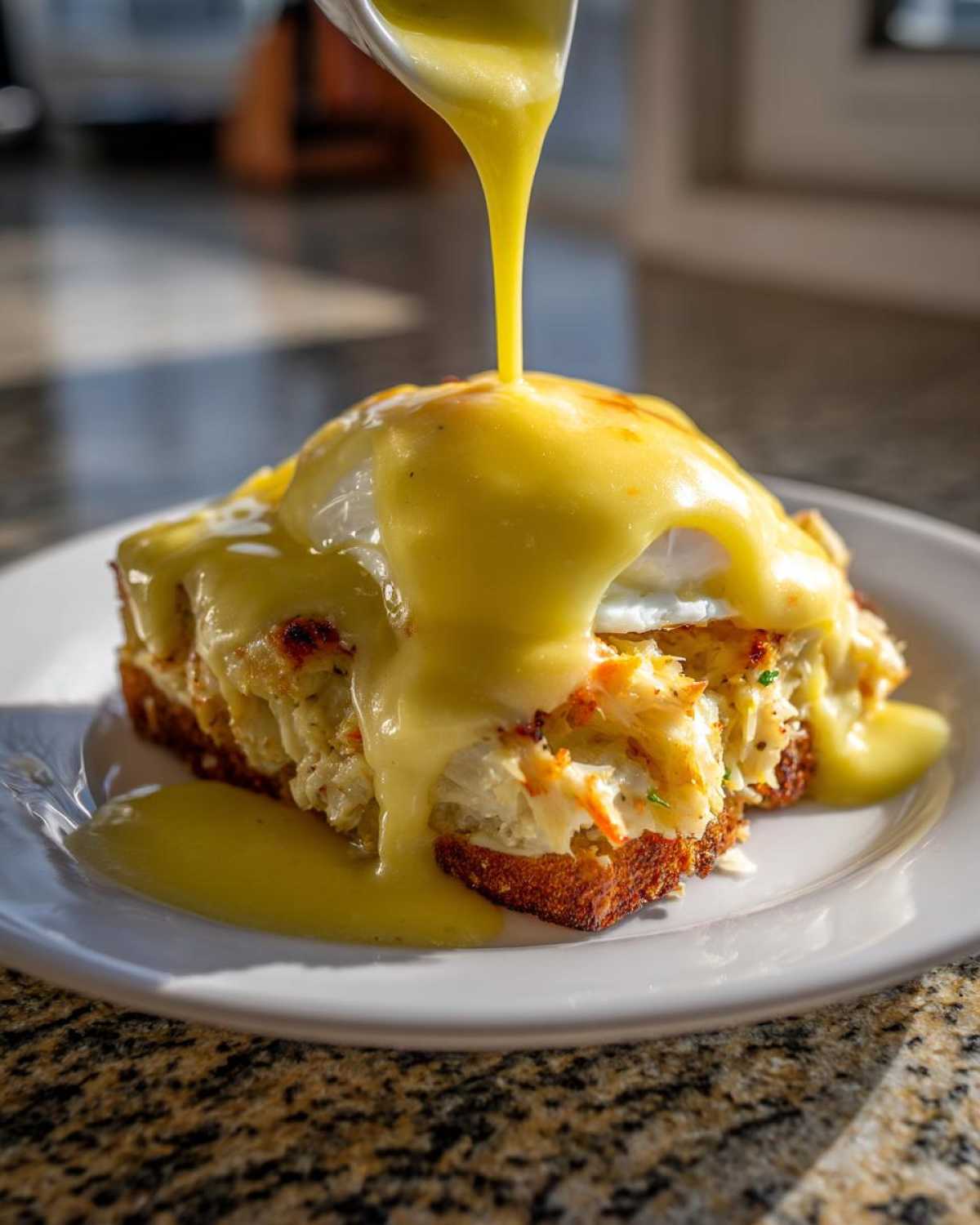A close-up of a Crab Cake Eggs Benedict Bake being generously covered with bright yellow hollandaise sauce being poured from a small pitcher.