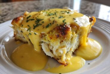 A close-up of a serving of Crab Cake Eggs Benedict Bake, smothered in rich yellow hollandaise sauce and sprinkled with parsley.