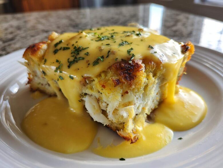 A close-up of a serving of Crab Cake Eggs Benedict Bake, smothered in rich yellow hollandaise sauce and sprinkled with parsley.