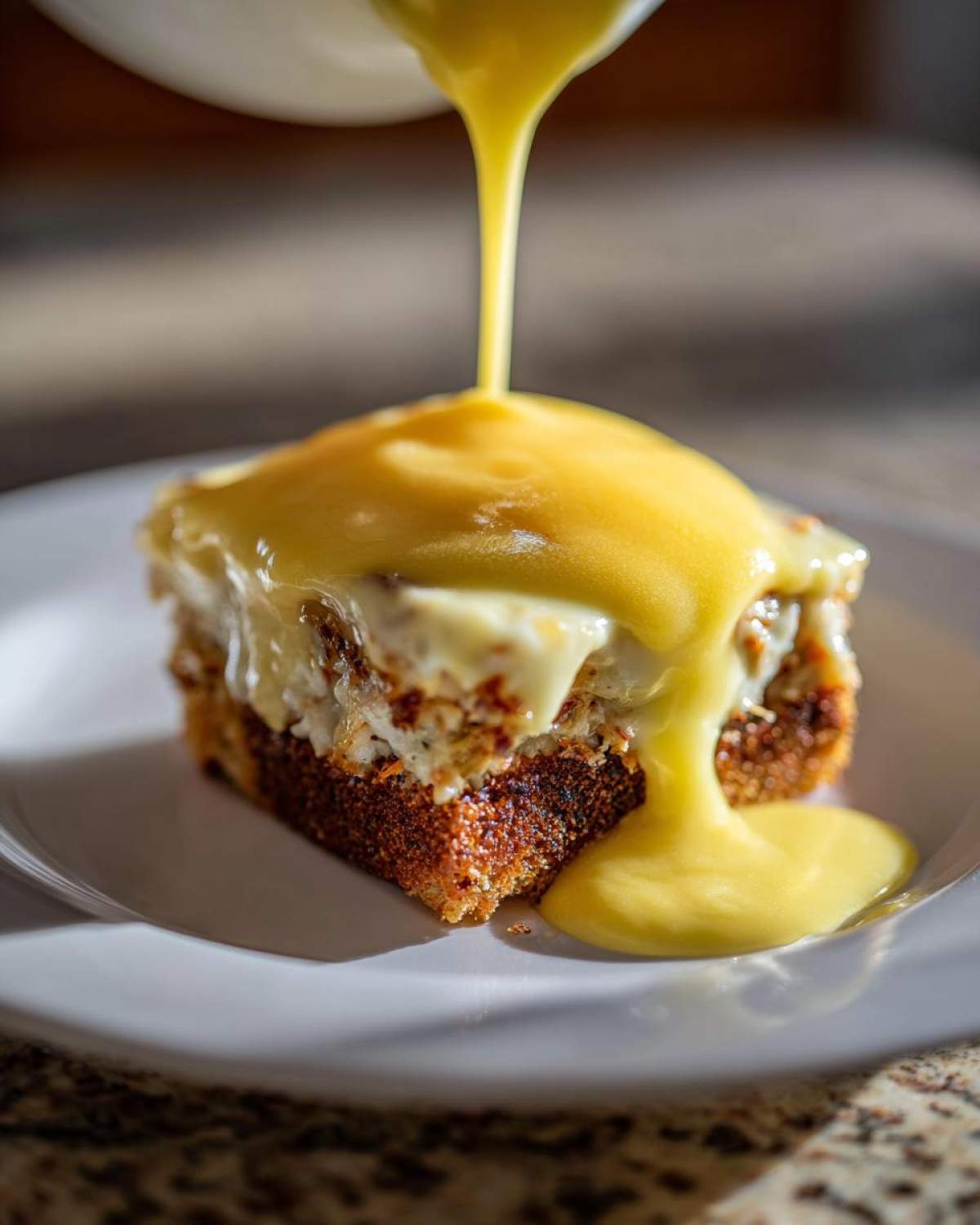 A square serving of Crab Cake Eggs Benedict Bake being generously topped with rich, yellow hollandaise sauce.