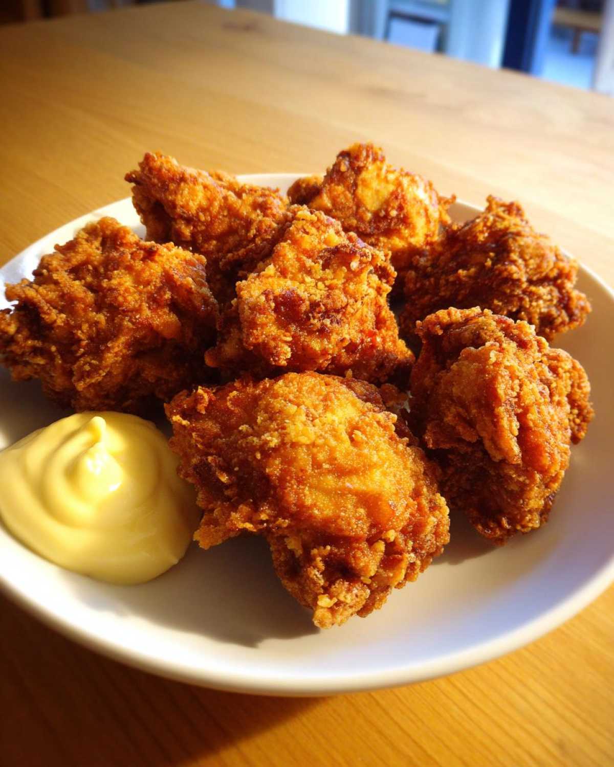 A plate of golden brown, crispy Chicken Karaage served with a dollop of creamy Lemon Mayo.
