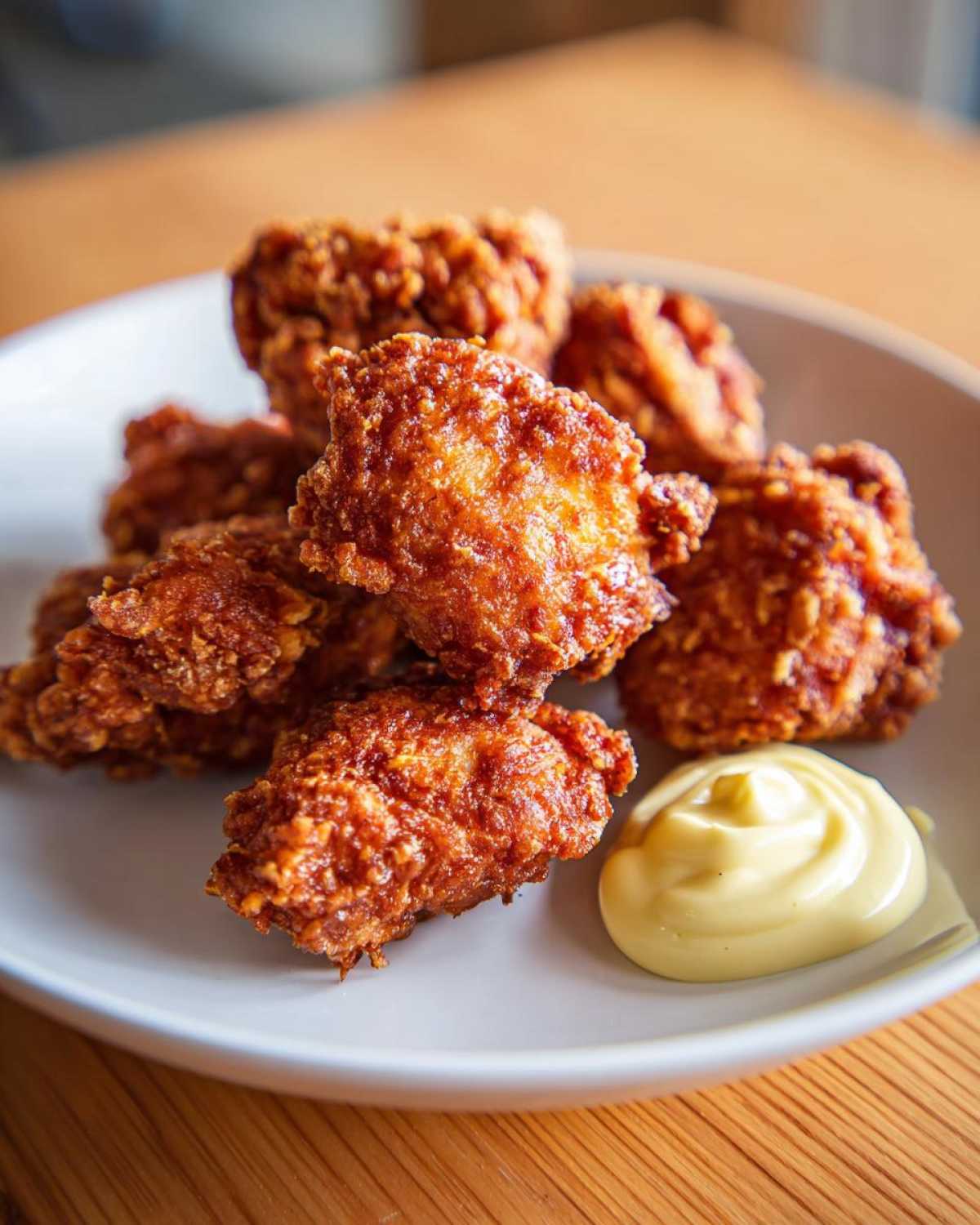 A plate of golden brown, crispy Chicken Karaage served with a dollop of creamy Lemon Mayo.