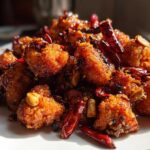 Close-up of crispy, glazed Kung Pao Cauliflower pieces mixed with dried red chilies and peanuts.