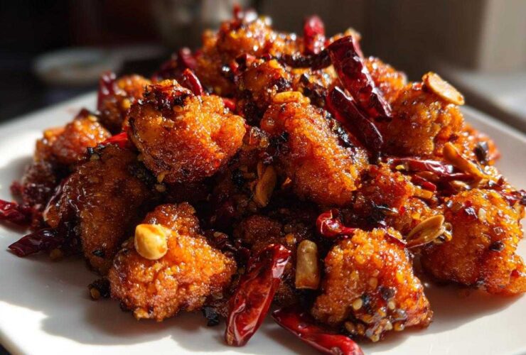 Close-up of crispy, glazed Kung Pao Cauliflower pieces mixed with dried red chilies and peanuts.