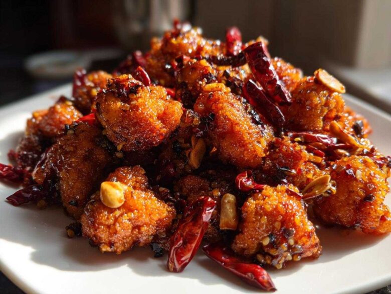 Close-up of crispy, glazed Kung Pao Cauliflower pieces mixed with dried red chilies and peanuts.
