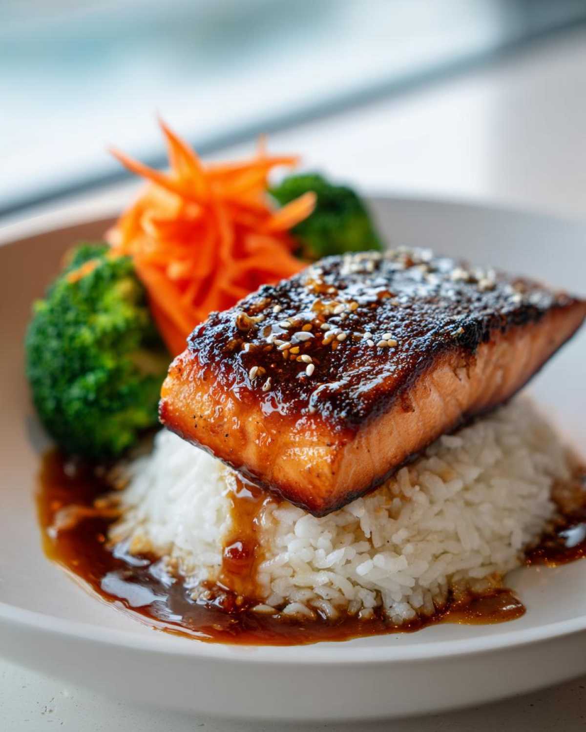 A piece of glazed, crispy salmon sits atop white rice, served with broccoli and shredded carrots in a Crispy Salmon Rice Bowls dish.
