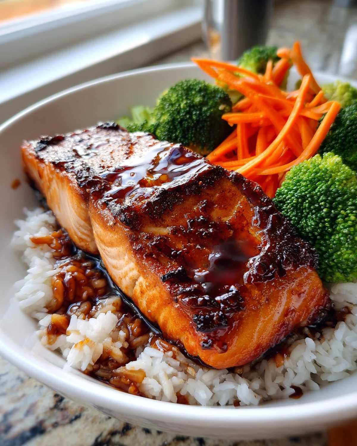 Close-up of a Crispy Salmon Rice Bowls featuring a glazed salmon fillet over white rice with steamed broccoli and shredded carrots.