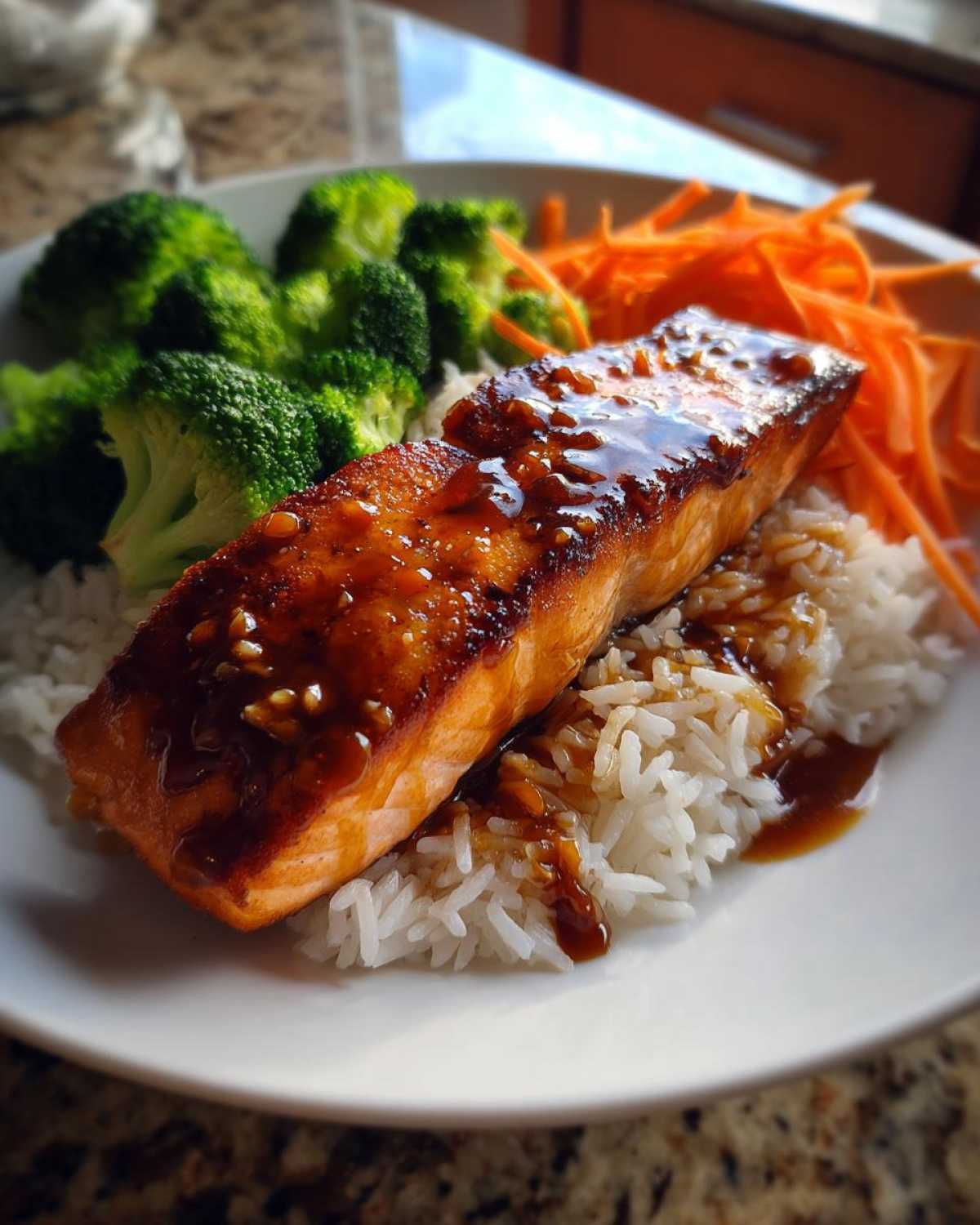 A close-up of a perfectly cooked piece of salmon with a shiny glaze served over white rice, alongside steamed broccoli and shredded carrots in a Crispy Salmon Rice Bowls.