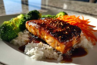 A perfectly cooked fillet of salmon with a dark, glossy glaze and sesame seeds, served over white rice with steamed broccoli and shredded carrots for Crispy Salmon Rice Bowls.
