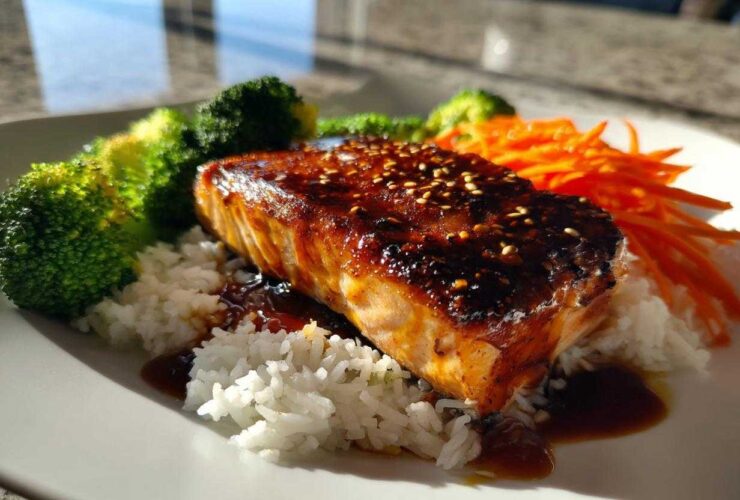 A perfectly cooked fillet of salmon with a dark, glossy glaze and sesame seeds, served over white rice with steamed broccoli and shredded carrots for Crispy Salmon Rice Bowls.