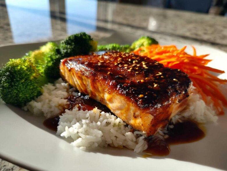 A perfectly cooked fillet of salmon with a dark, glossy glaze and sesame seeds, served over white rice with steamed broccoli and shredded carrots for Crispy Salmon Rice Bowls.