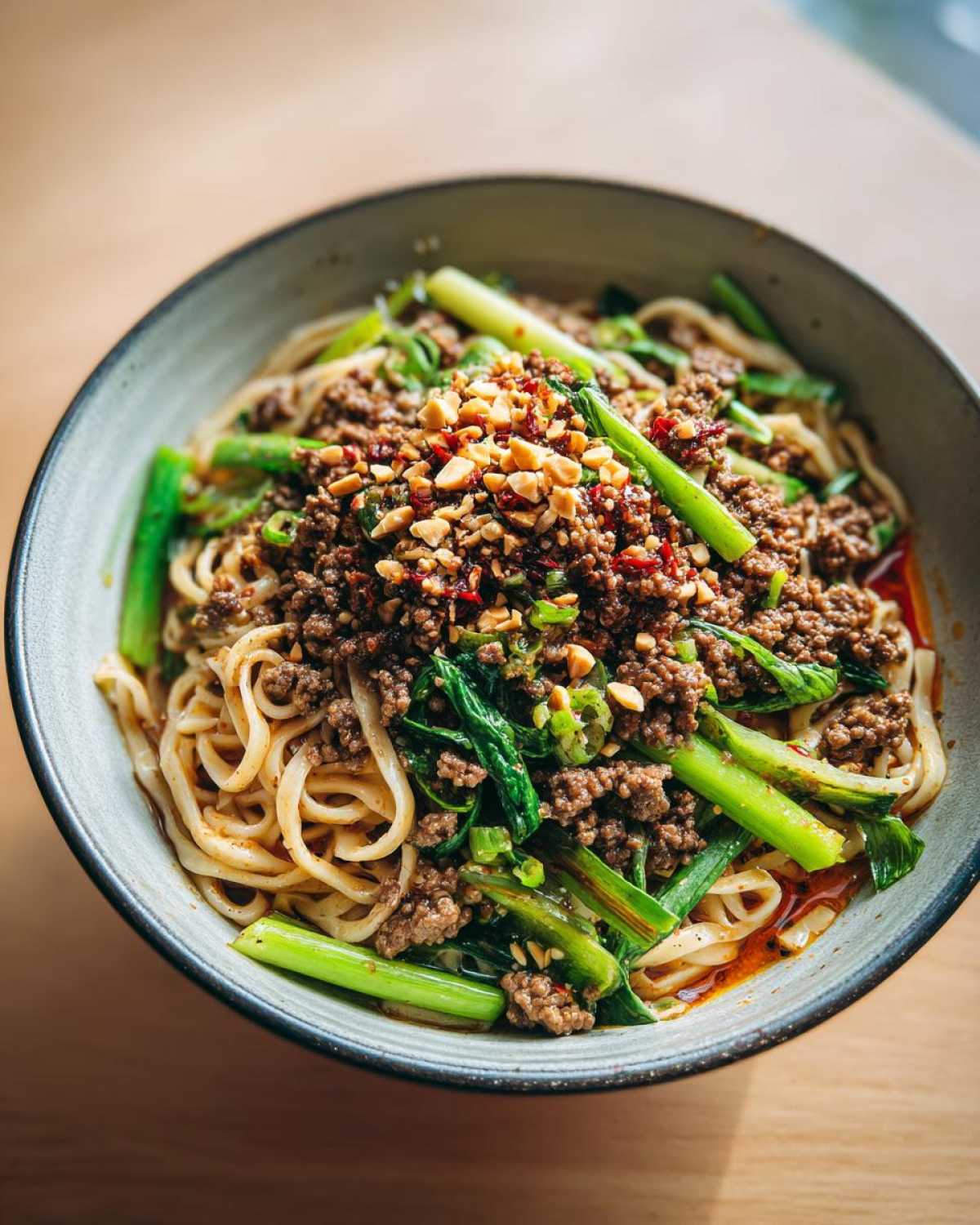 Close-up of a bowl of Dan Dan Noodles with Sesame, featuring ground meat, green vegetables, and crushed peanuts.