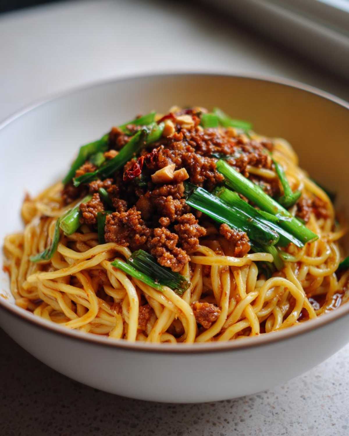 Close-up of a bowl of Dan Dan Noodles with Sesame, topped with savory ground meat, green onions, and crushed peanuts.