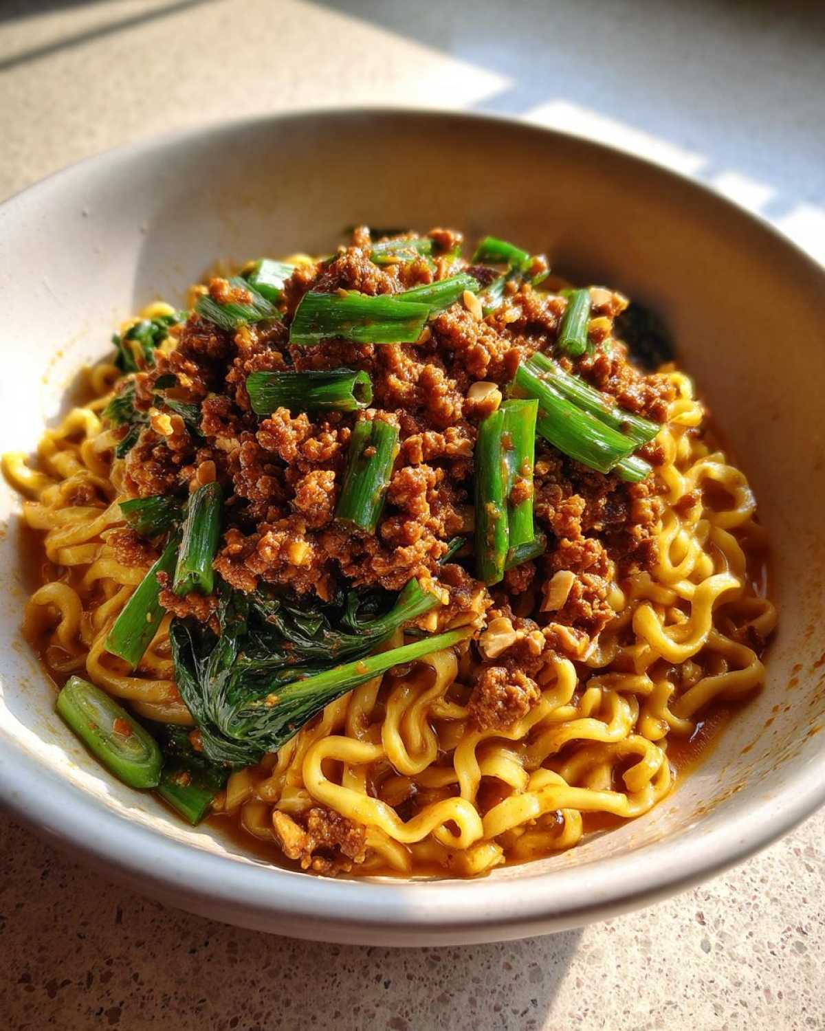 A close-up of a bowl of Dan Dan Noodles with Sesame, featuring rich ground meat topping and chopped green onions.