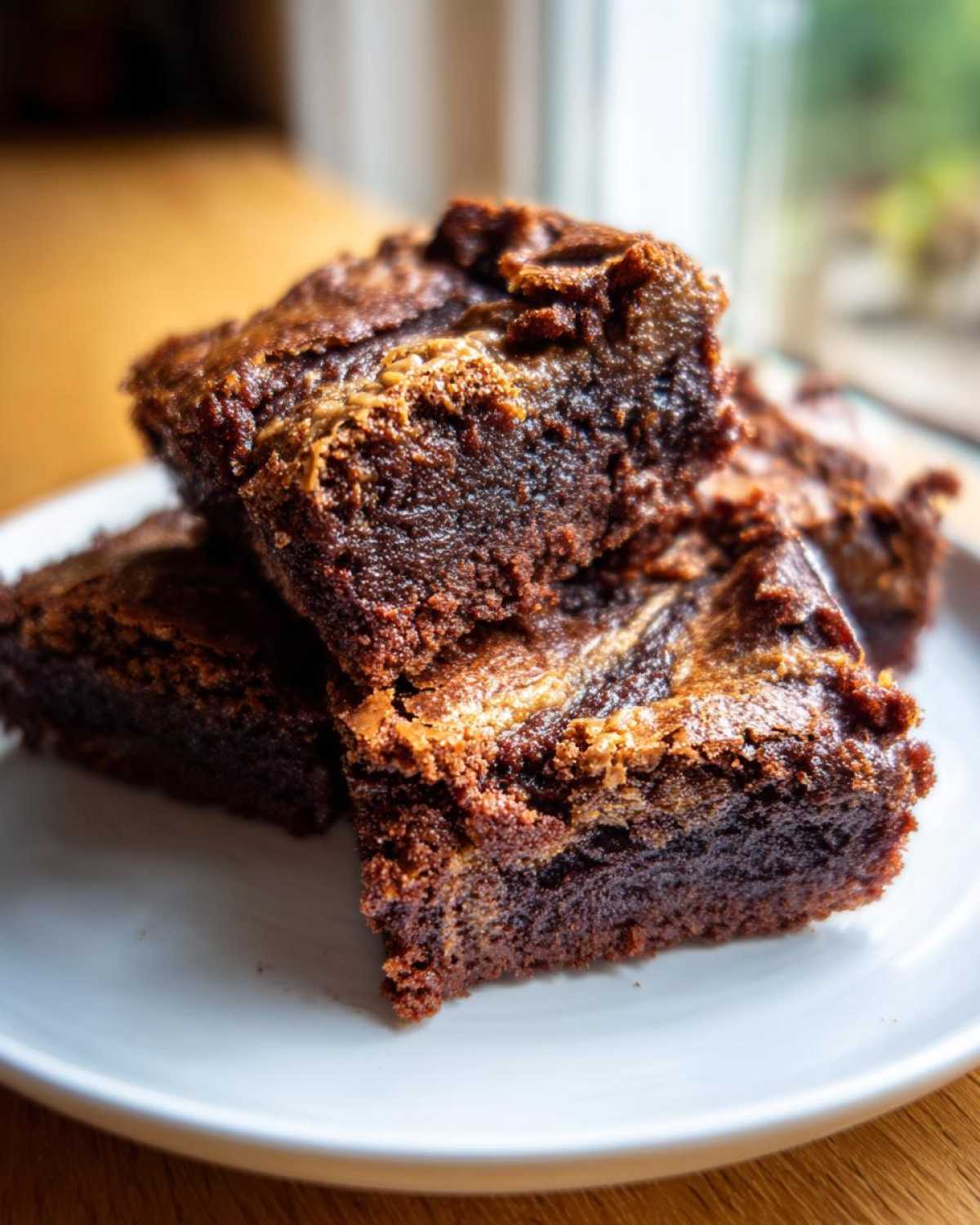 Close-up of fudgy Dulce de Leche Brownie Bars stacked on a white plate, showing swirls of caramel.