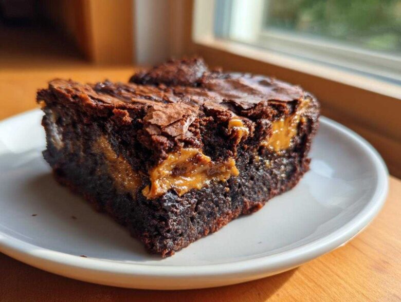 Close-up of a fudgy Dulce de Leche Brownie Bar showing the gooey caramel swirl inside, served on a white plate.