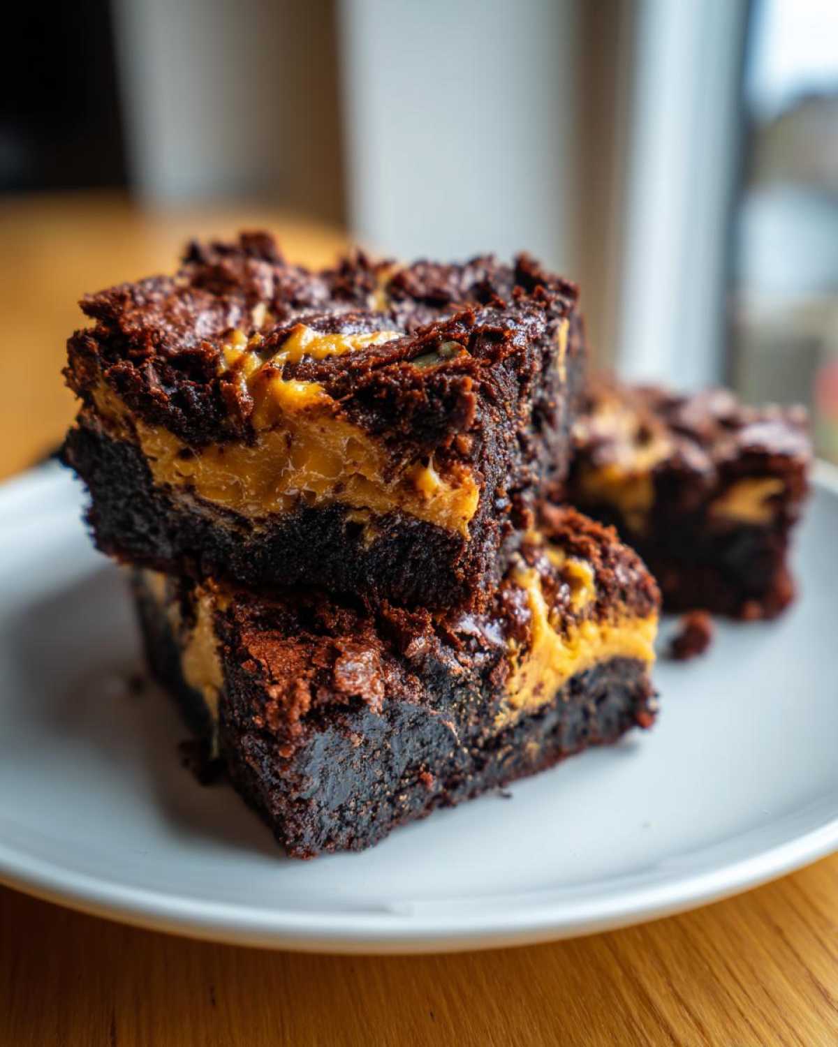 Close-up of stacked Dulce de Leche Brownie Bars showing fudgy chocolate and creamy caramel swirl.