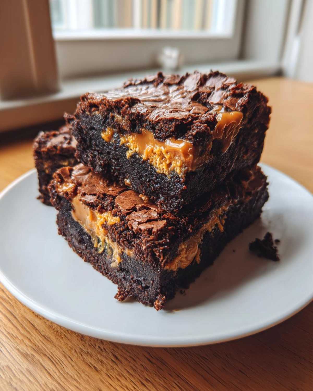 Two stacked, fudgy Dulce de Leche Brownie Bars showing a thick, gooey caramel layer inside.