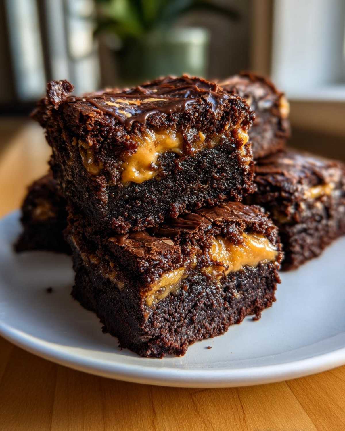 Close-up of stacked, fudgy Dulce de Leche Brownie Bars showing a thick layer of gooey caramel filling.