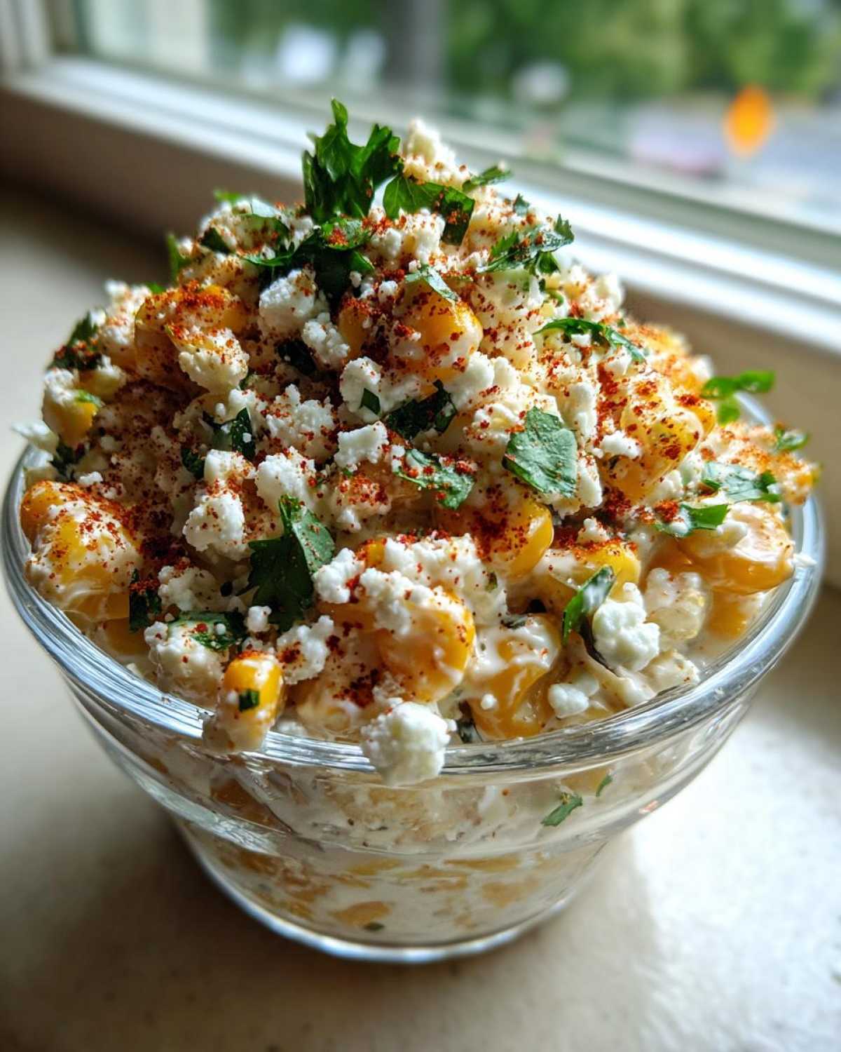 A close-up of Esquites Cups with Cotija and Lime, topped with crumbled cheese, chili powder, and cilantro.