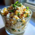 A close-up of creamy Esquites Cups with Cotija and Lime served in a clear glass, topped with chili powder and cilantro.