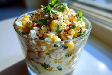 A close-up of creamy Esquites Cups with Cotija and Lime served in a clear glass, topped with chili powder and cilantro.