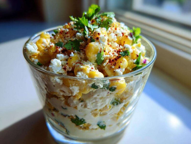A close-up of creamy Esquites Cups with Cotija and Lime served in a clear glass, topped with chili powder and cilantro.