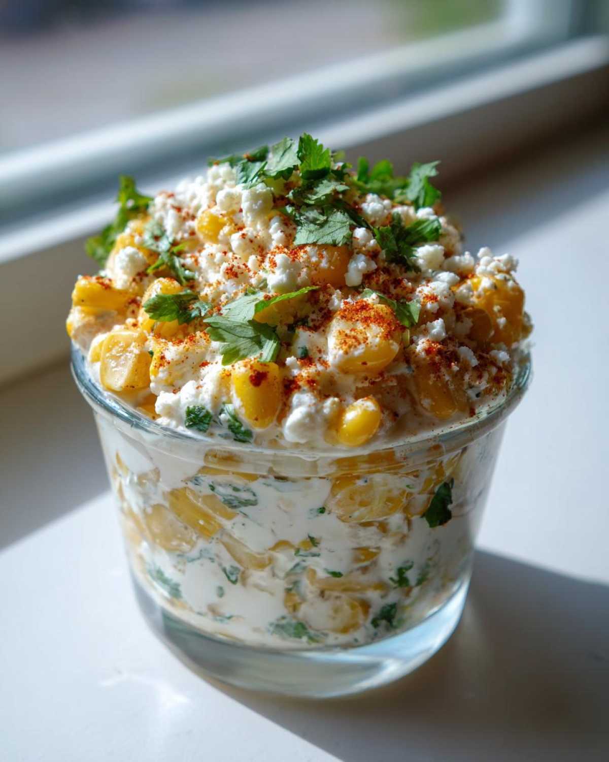 A single serving of Esquites Cups with Cotija and Lime, featuring corn kernels mixed in a creamy sauce, topped with crumbled cheese and cilantro.