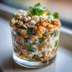 A single serving of Esquites Cups with Cotija and Lime, featuring creamy corn, cilantro, and crumbled cheese topping.
