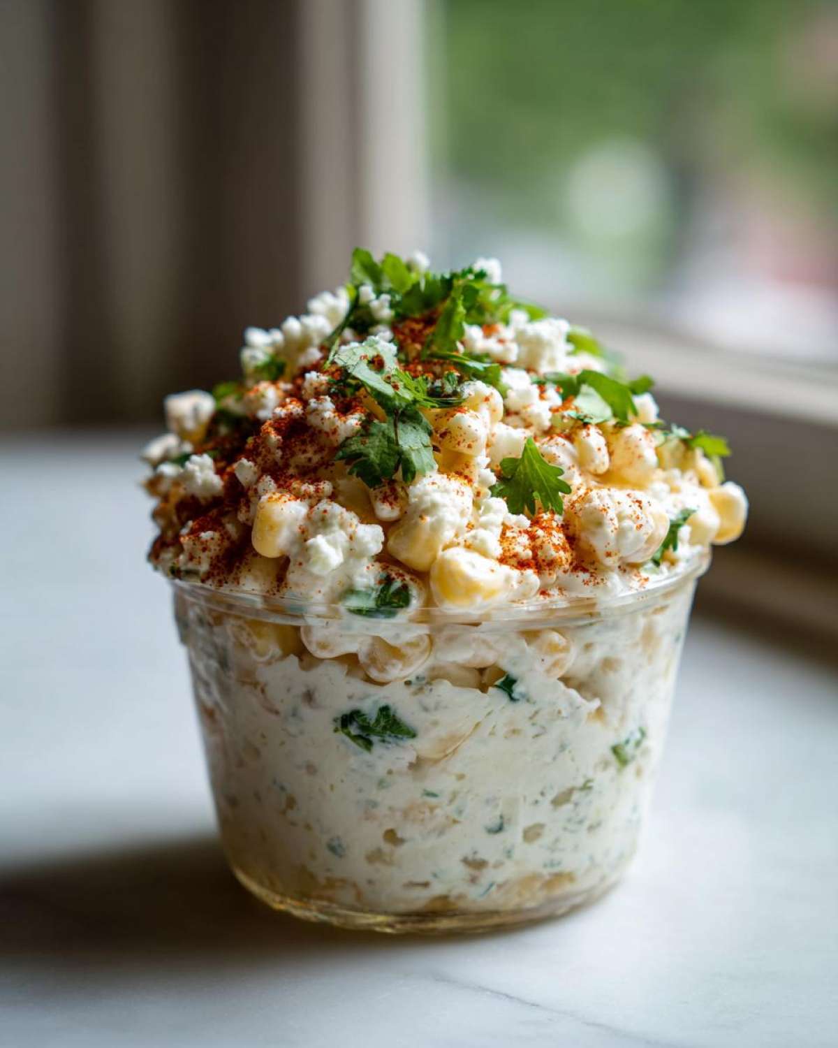Close-up of a single serving of Esquites Cups with Cotija and Lime, topped with crumbled cheese and cilantro.